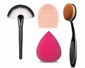 Pro Slim Fan Brush Makeup Brush , OVAL Foundation Brushes With Makeup Brush Cleaner Scrubber And Beauty Blunder (Multicolor)