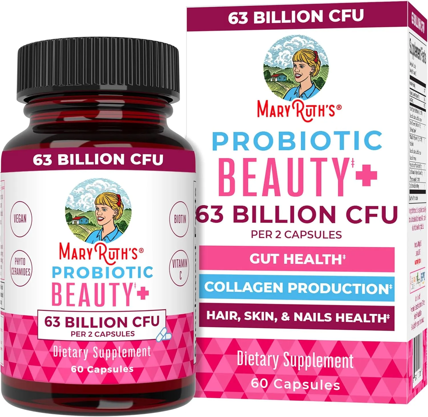Probiotic Beauty Capsules by MaryRuth's | Vegan Collagen Support | Anti Aging | Gut Health | Hair Skin and Nails Vitamins | Skin Care | Biotin | Non-GMO Project Verified | 60 Count