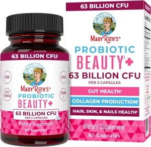 Probiotic Beauty Capsules by MaryRuth's | Vegan Collagen Support | Anti Aging | Gut Health | Hair Skin and Nails Vitamins | Skin Care | Biotin | Non-GMO Project Verified | 60 Count