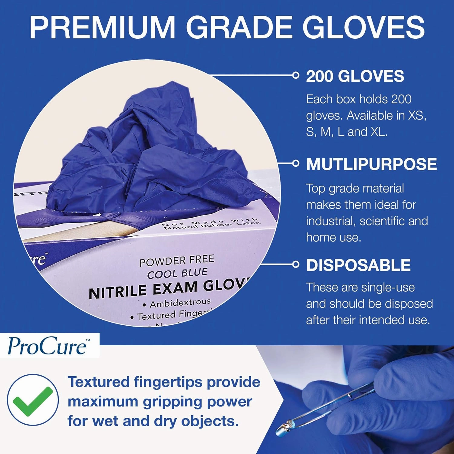 ProCure [200 Count] Disposable Nitrile Gloves - Latex Free, Powder Free Medical Exam Gloves