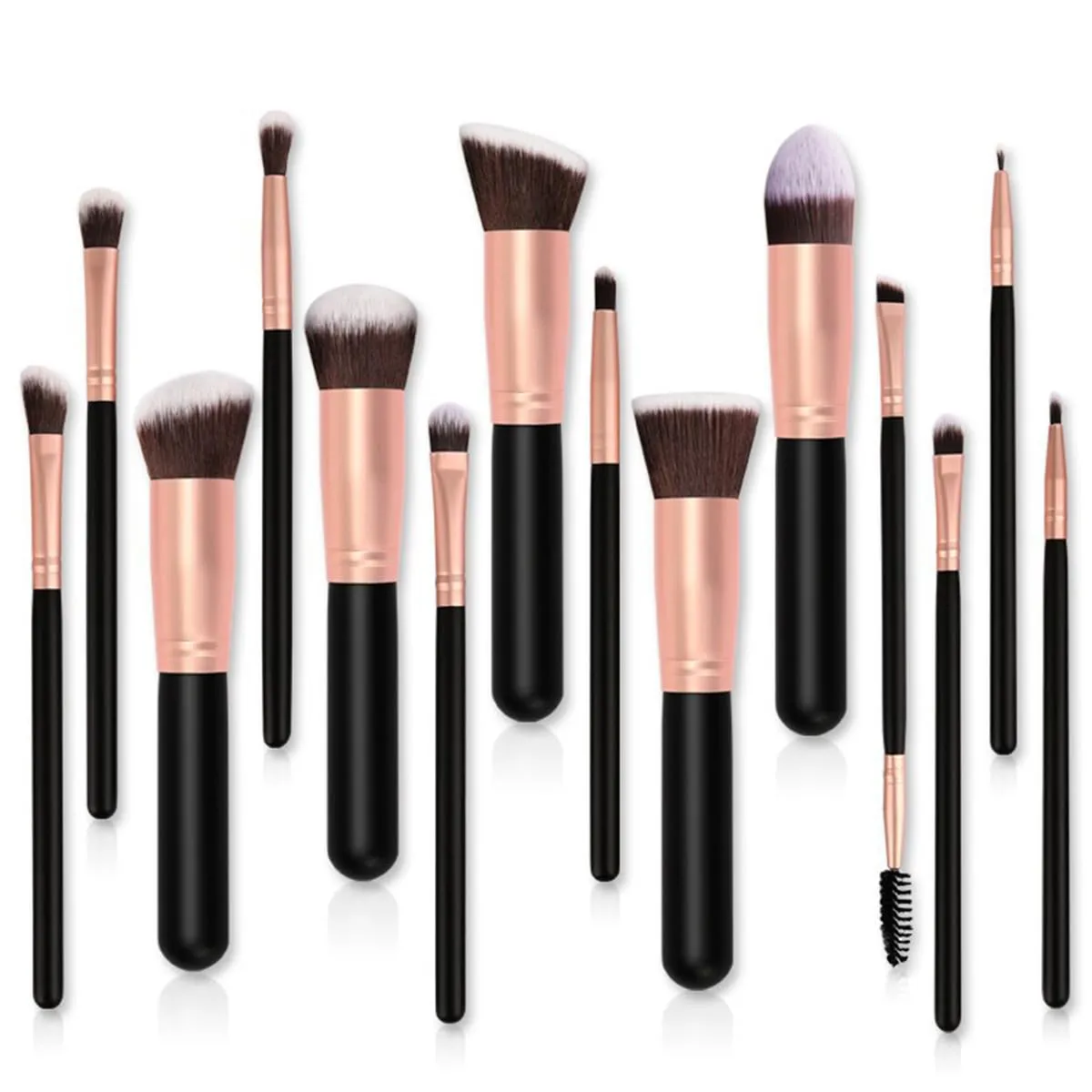 Professional Makeup Brush Set with Travel Case, 14 Piece Rose Gold Brushes, Black Leather Holder (Wooden handle with black gold   black PU bucket packaging)
