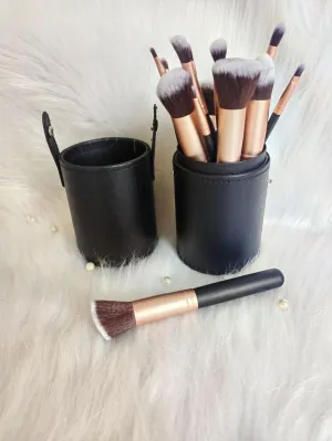 Professional Makeup Brush Set with Travel Case, 14 Piece Rose Gold Brushes, Black Leather Holder (Wooden handle with black gold   black PU bucket packaging)