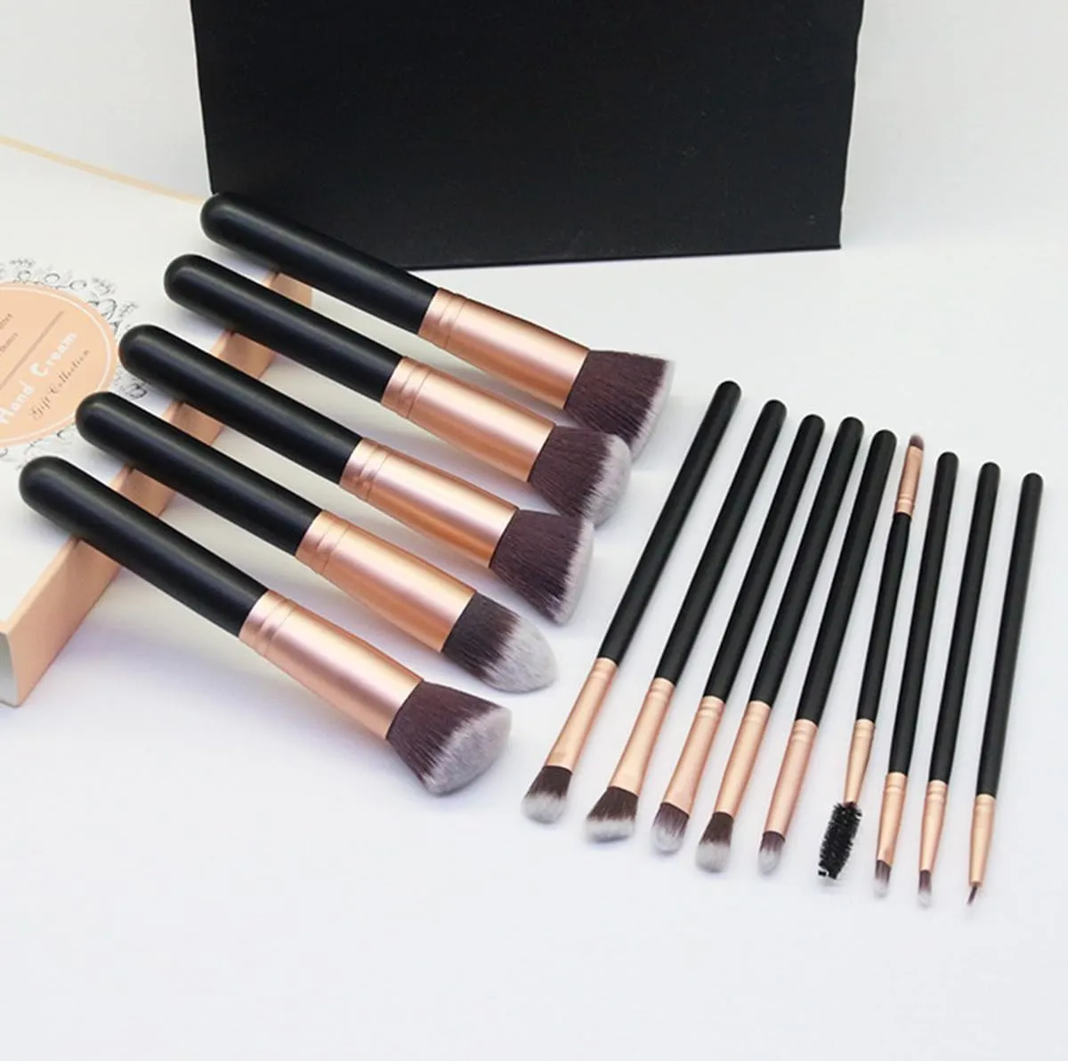 Professional Makeup Brush Set with Travel Case, 14 Piece Rose Gold Brushes, Black Leather Holder (Wooden handle with black gold   black PU bucket packaging)