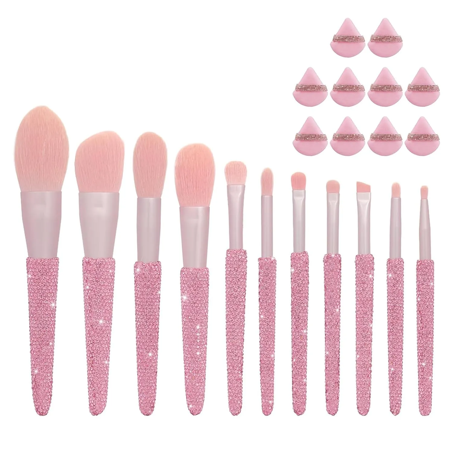 Professional Makeup Brushes Set 11PCS Bling Rhinestone & 10 Pieces Soft Face Powder Puff Triangle Makeup Puff Pink