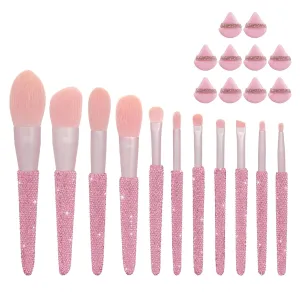 Professional Makeup Brushes Set 11PCS Bling Rhinestone & 10 Pieces Soft Face Powder Puff Triangle Makeup Puff Pink