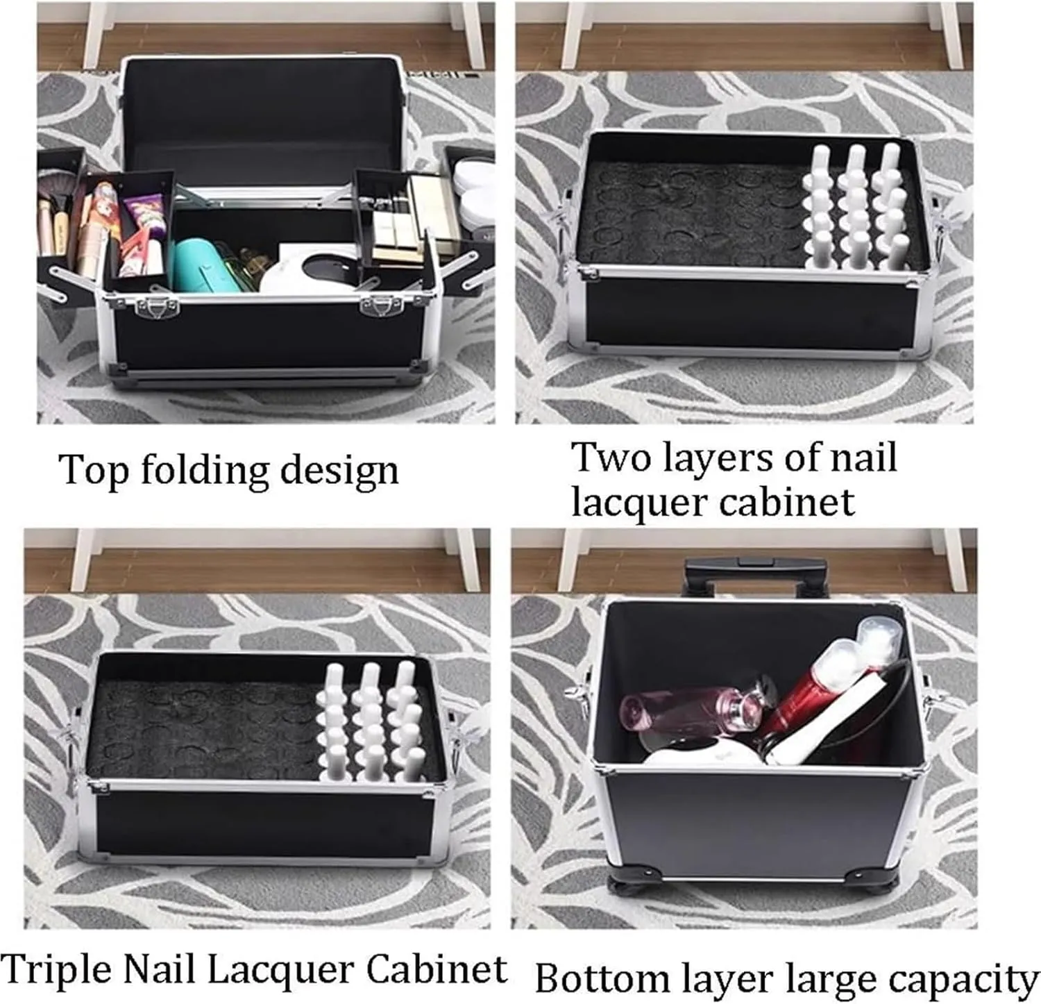 Professional Rolling Makeup Case， Beauty Tool Organizer, Aluminum Frame, Universal Wheel with Lock(Black,35x26x70cm)