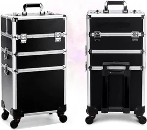 Professional Rolling Makeup Case， Beauty Tool Organizer, Aluminum Frame, Universal Wheel with Lock(Black,35x26x70cm)