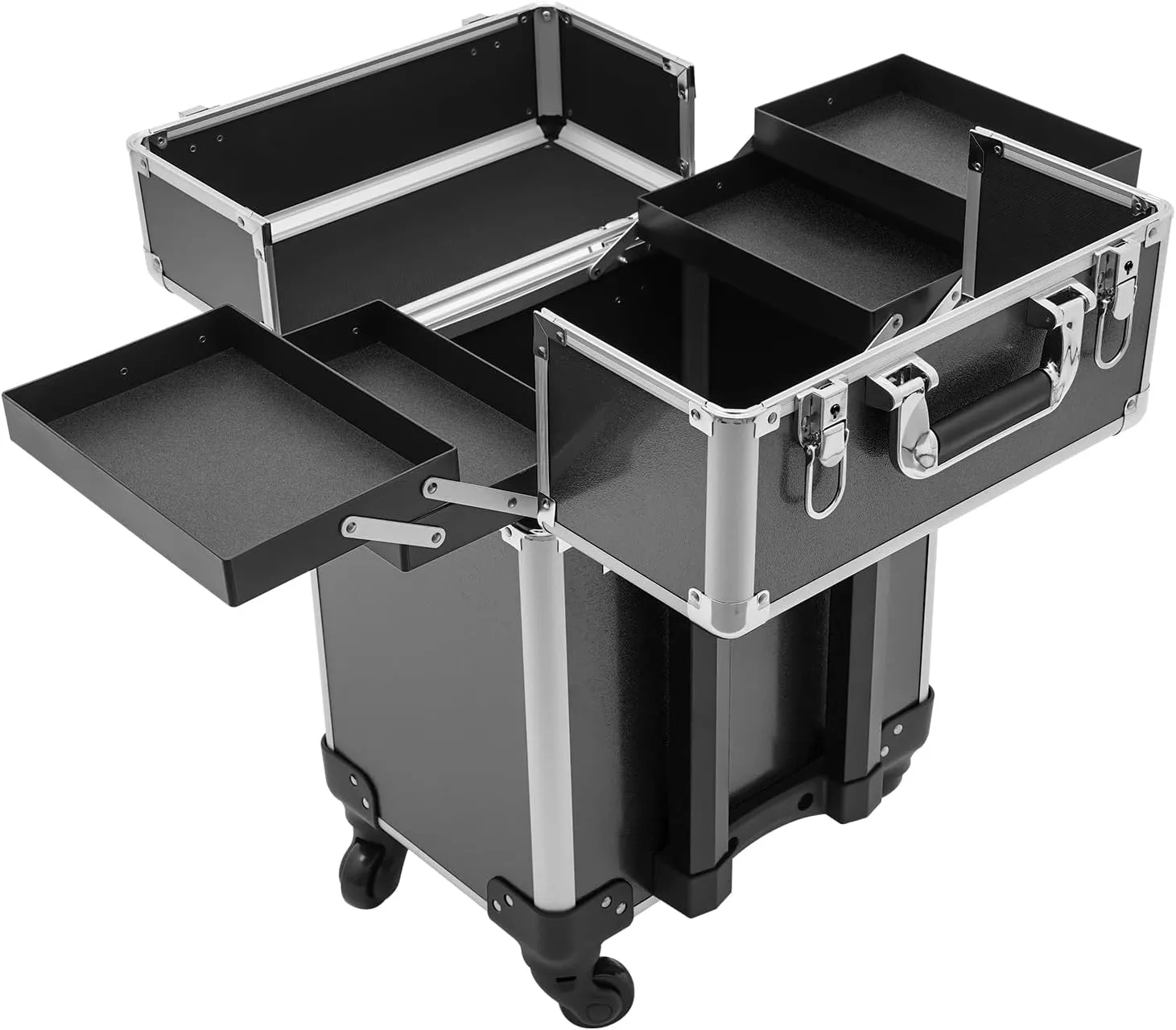Professional Rolling Makeup Case with 4 Removable Wheels Portable Make up Station with Multiple Compartments Cosmetic Storage Makeup Organizer Travel Case for Makeup Artists, Hair Stylists (Black)