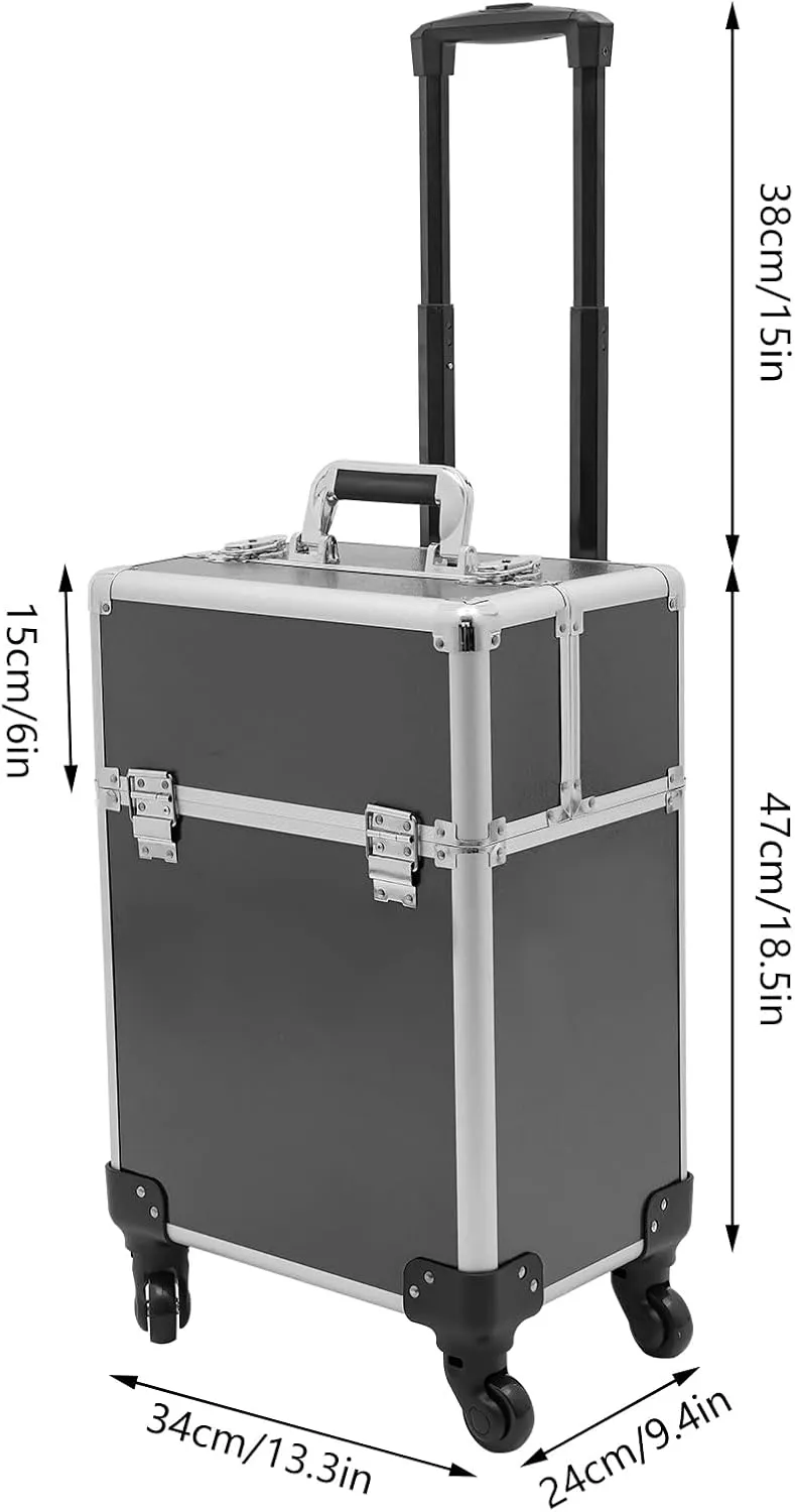 Professional Rolling Makeup Case with 4 Removable Wheels Portable Make up Station with Multiple Compartments Cosmetic Storage Makeup Organizer Travel Case for Makeup Artists, Hair Stylists (Black)