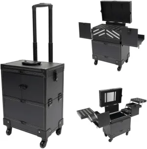 Professional Rolling Makeup Train Case with Mirror, Beauty Trolley Cosmetic Organizer Box on Wheels, Portable Artist Makeup Storage Case for Travel and Home Use (Black), Roustory-52912