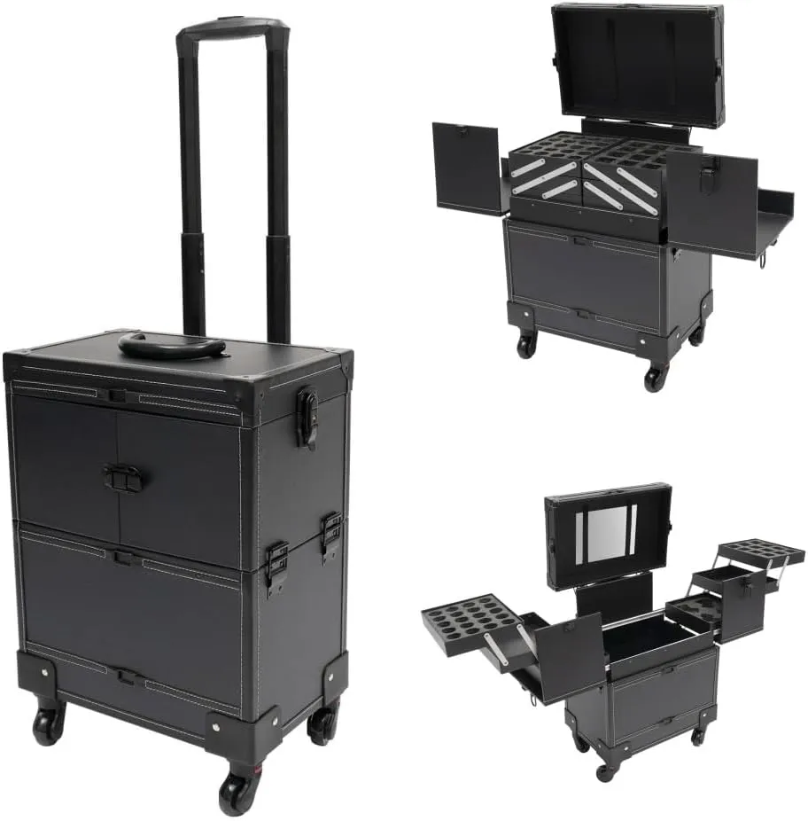 Professional Rolling Makeup Train Case with Mirror, Beauty Trolley Cosmetic Organizer Box on Wheels, Portable Artist Makeup Storage Case for Travel and Home Use (Black), Roustory-52912