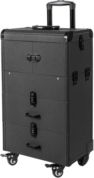 Professional Rolling Makeup Train Case with Wheels, Cosmetic Makeup Trolley Cart, Portable Cosmetics Storage Organizer, Artist Cosmetic Suitcase Organizer with Key and Mirror (Black)