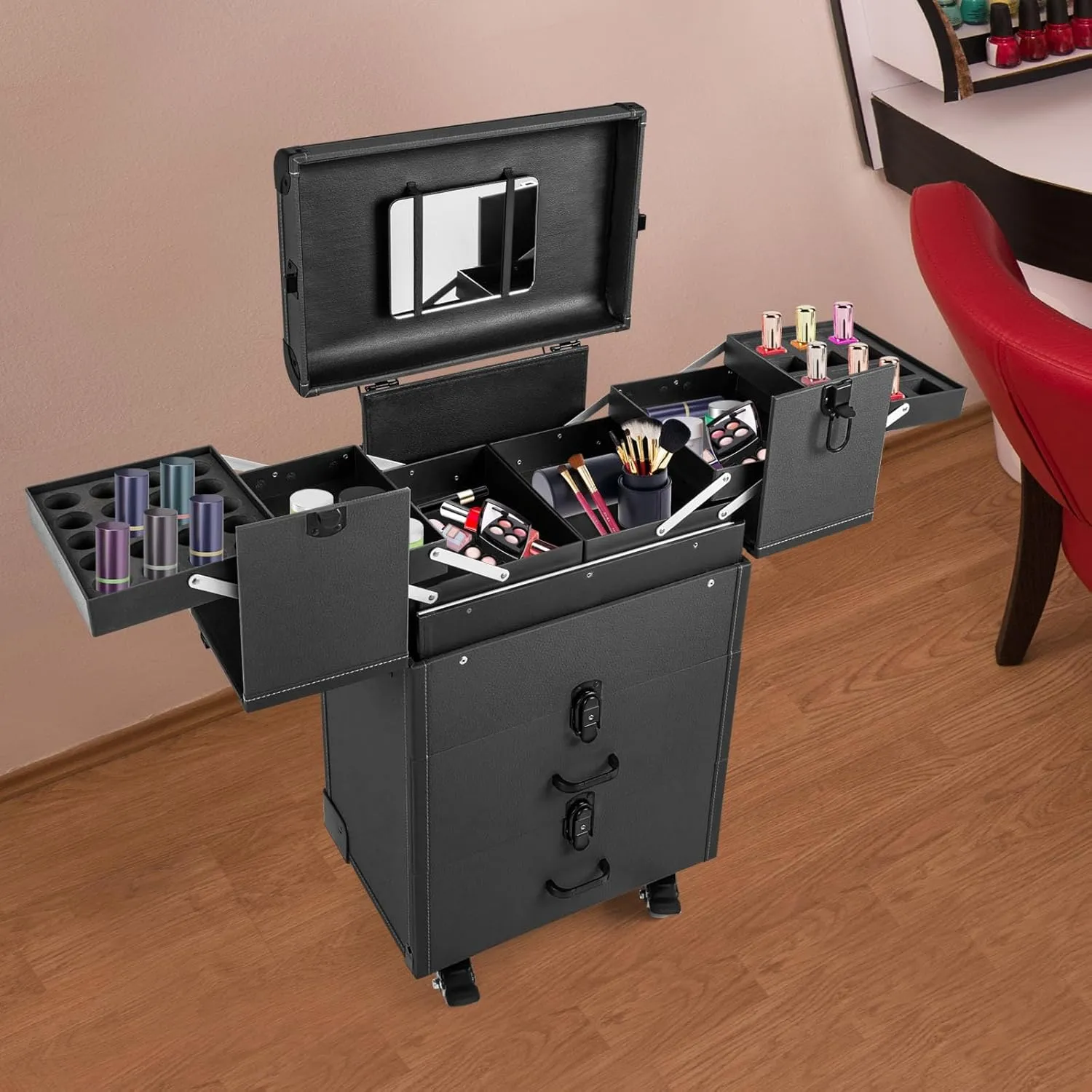 Professional Rolling Makeup Train Case with Wheels, Cosmetic Makeup Trolley Cart, Portable Cosmetics Storage Organizer, Artist Cosmetic Suitcase Organizer with Key and Mirror (Black)
