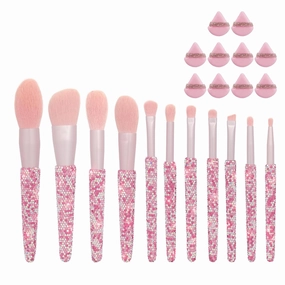 Professional Makeup Brushes Set 11PCS Bling Rhinestone AB Pink & 10 Pieces Soft Face Powder Puff Triangle Makeup Puff Pink