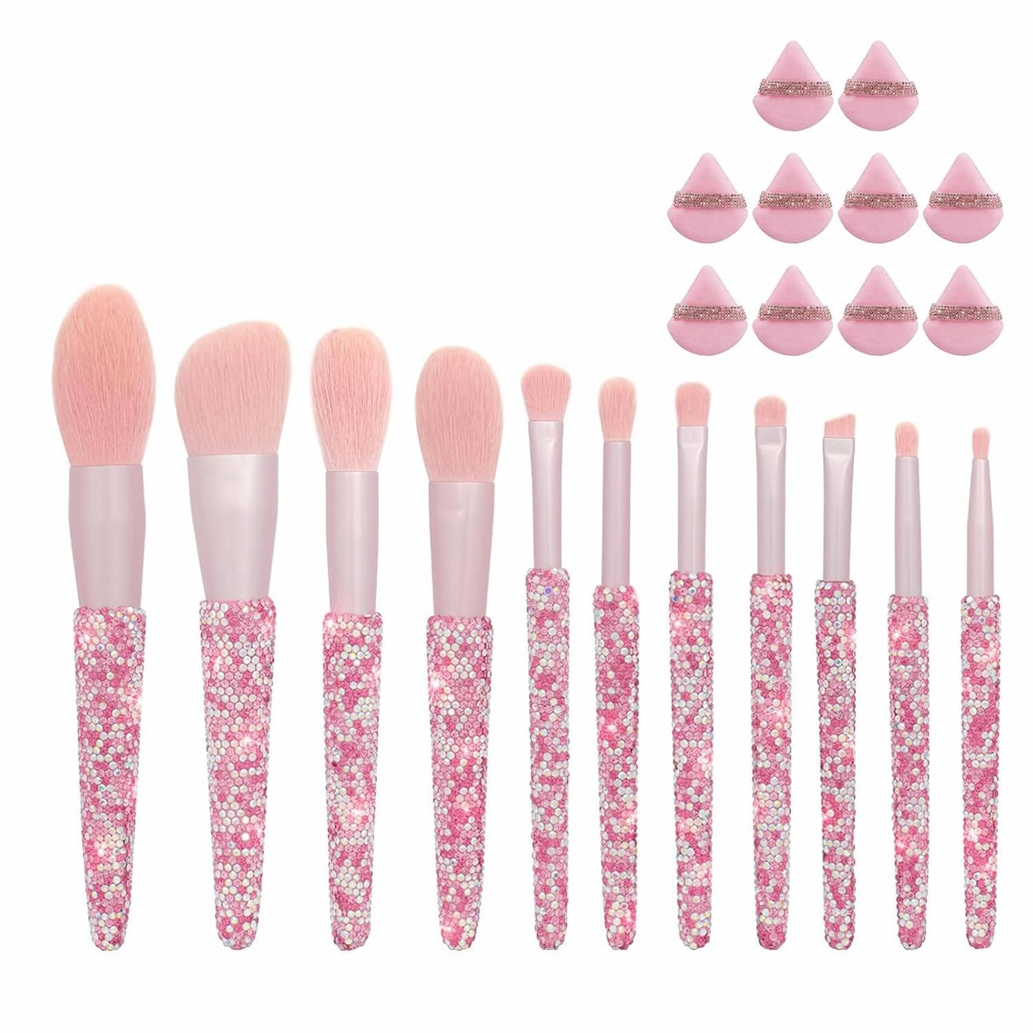 Professional Makeup Brushes Set 11PCS Bling Rhinestone AB Pink & 10 Pieces Soft Face Powder Puff Triangle Makeup Puff Pink