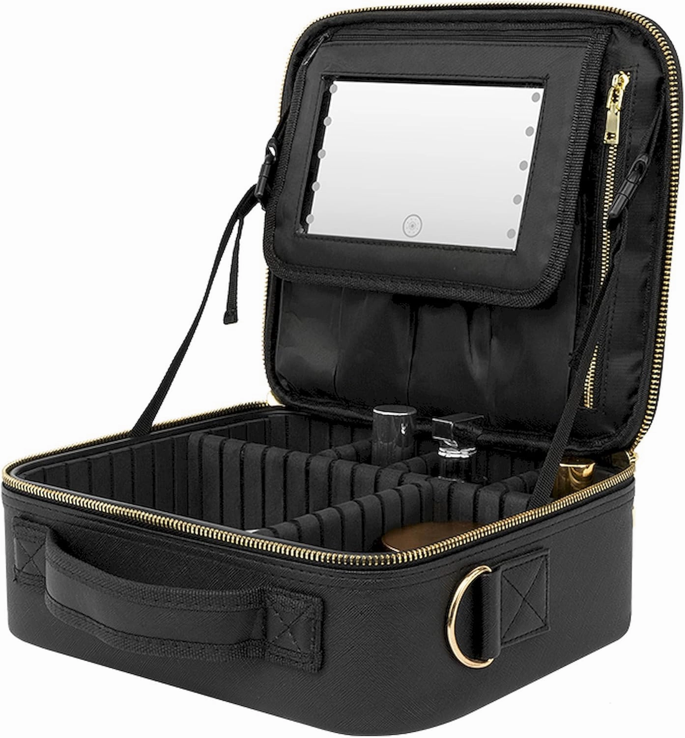 Professional Makeup Case with LED Mirror, 3 Light Modes, USB Rechargeable, Waterproof & Adjustable Storage for Brushes, Skincare & Beauty Essentials, Black Travel Cosmetic Organizer