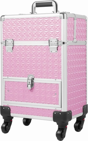 Professional Rolling Makeup Train Case Cosmetic Trolley Makeup Storage Organizer Large Capacity Trolley Case Makeup Lockable Salon Barber Travel Case with Wheels (Pink)