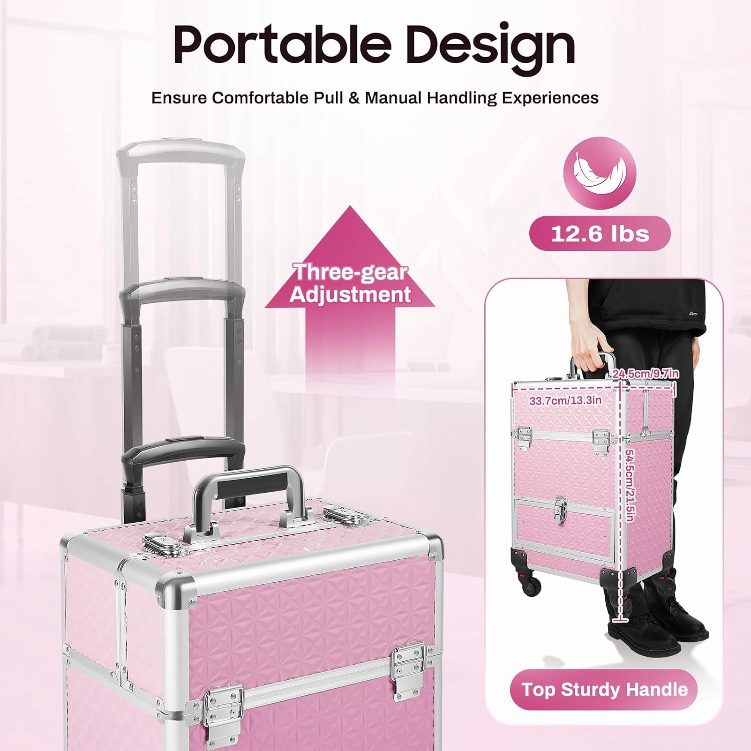 Professional Rolling Makeup Train Case Cosmetic Trolley Makeup Storage Organizer Large Capacity Trolley Case Makeup Lockable Salon Barber Travel Case with Wheels (Pink)