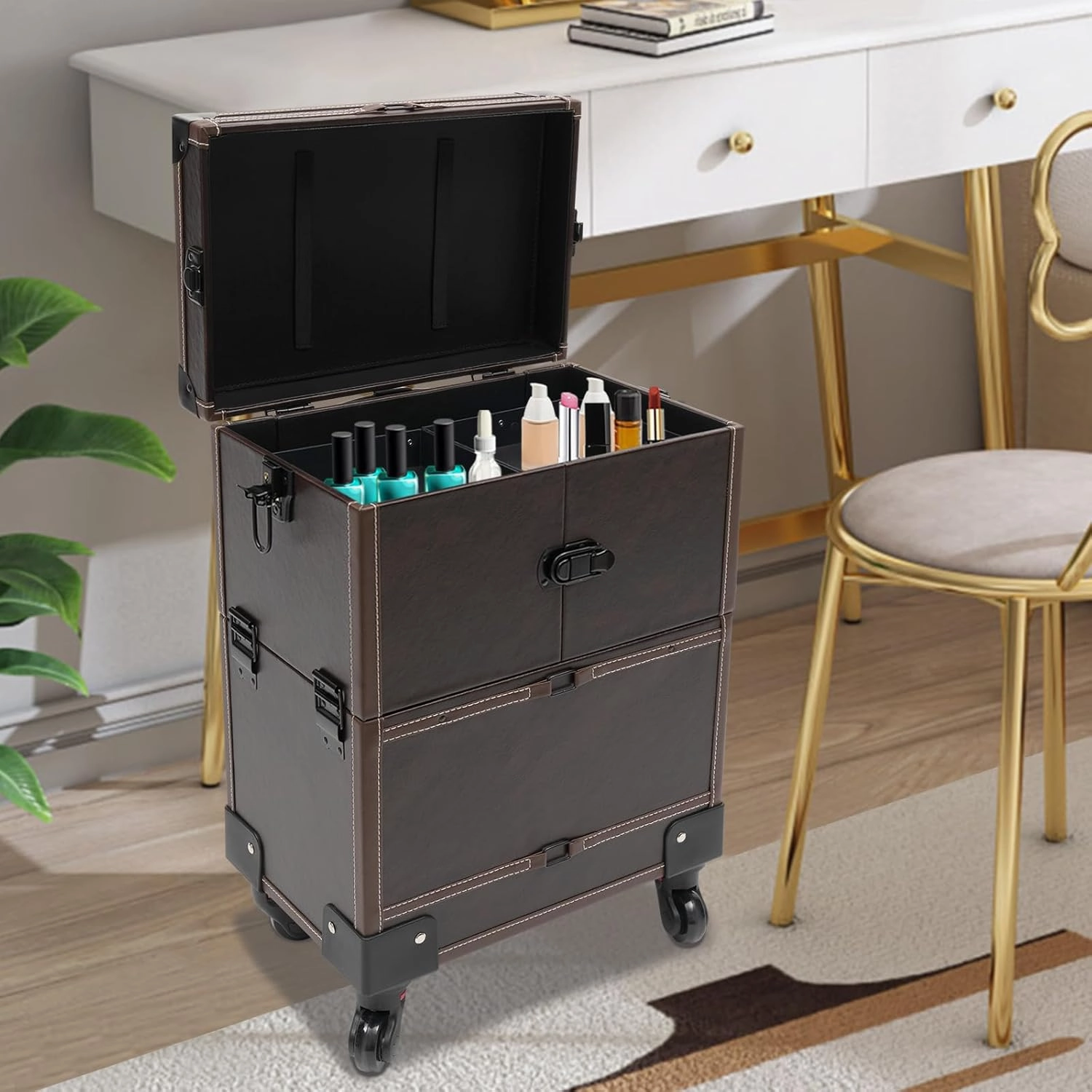 Professional Rolling Makeup Train Case, Multi-Functional Cosmetic Train Case with Mirror & Universal Wheels Lockable Portable Cosmetic Organizer Trolley, Beauty Trolley Cosmetic Organizer Box (Coffee)