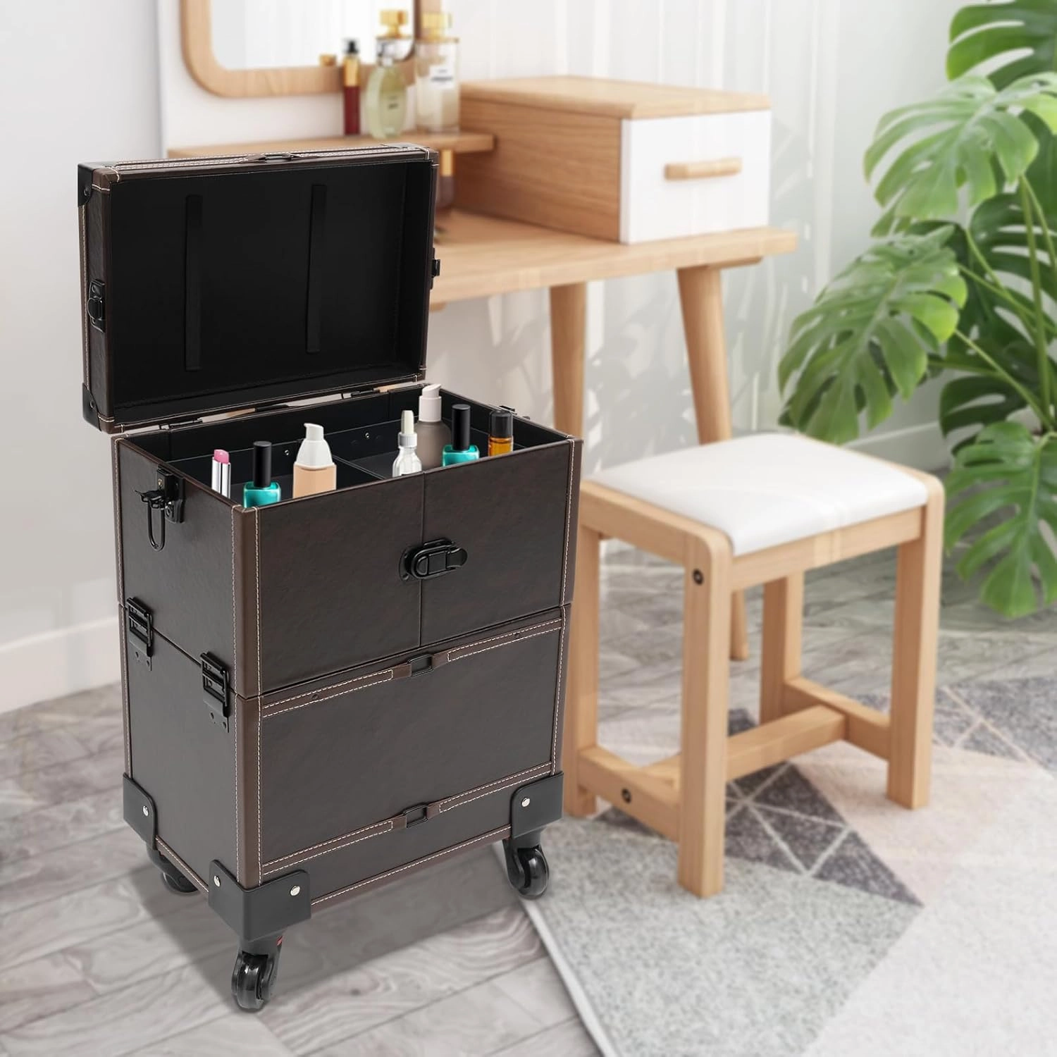 Professional Rolling Makeup Train Case, Multi-Functional Cosmetic Train Case with Mirror & Universal Wheels Lockable Portable Cosmetic Organizer Trolley, Beauty Trolley Cosmetic Organizer Box (Coffee)