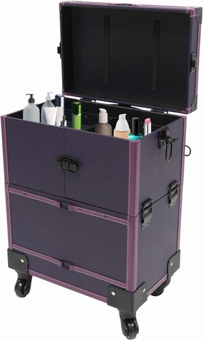 Professional Rolling Makeup Train Case, Multi-Functional Cosmetic Train Case with Mirror & Universal Wheels Lockable Portable Cosmetic Organizer Trolley, Beauty Trolley Cosmetic Organizer Box (Purple)