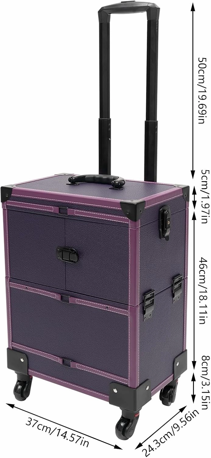 Professional Rolling Makeup Train Case, Multi-Functional Cosmetic Train Case with Mirror & Universal Wheels Lockable Portable Cosmetic Organizer Trolley, Beauty Trolley Cosmetic Organizer Box (Purple)