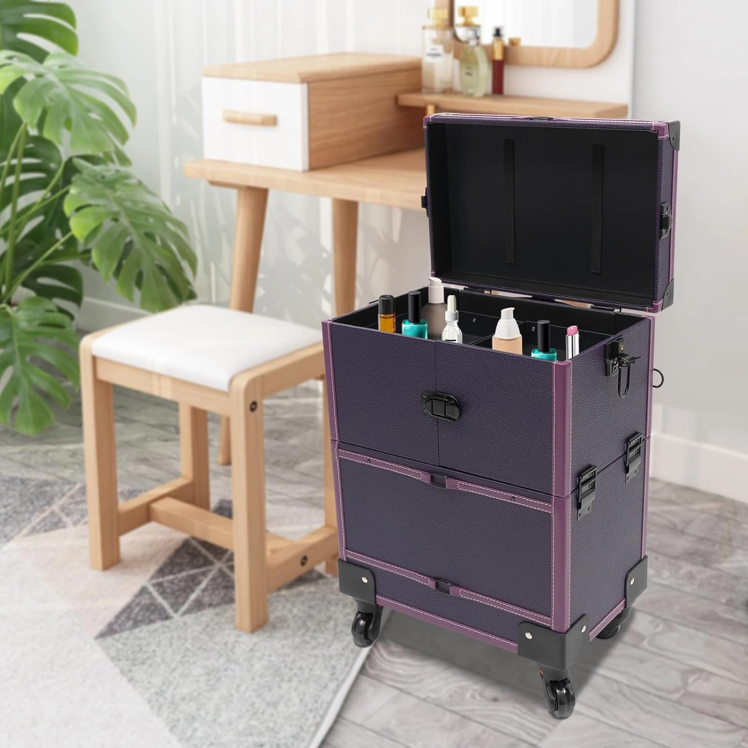 Professional Rolling Makeup Train Case, Multi-Functional Cosmetic Train Case with Mirror & Universal Wheels Lockable Portable Cosmetic Organizer Trolley, Beauty Trolley Cosmetic Organizer Box (Purple)