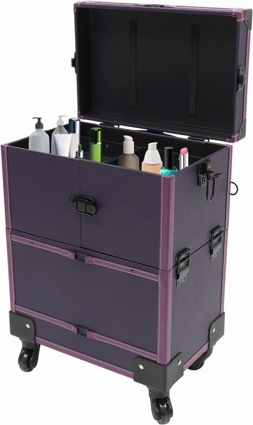 Professional Rolling Makeup Train Case, Multi-Functional Cosmetic Train Case with Mirror & Universal Wheels Lockable Portable Cosmetic Organizer Trolley, Beauty Trolley Cosmetic Organizer Box (Purple)