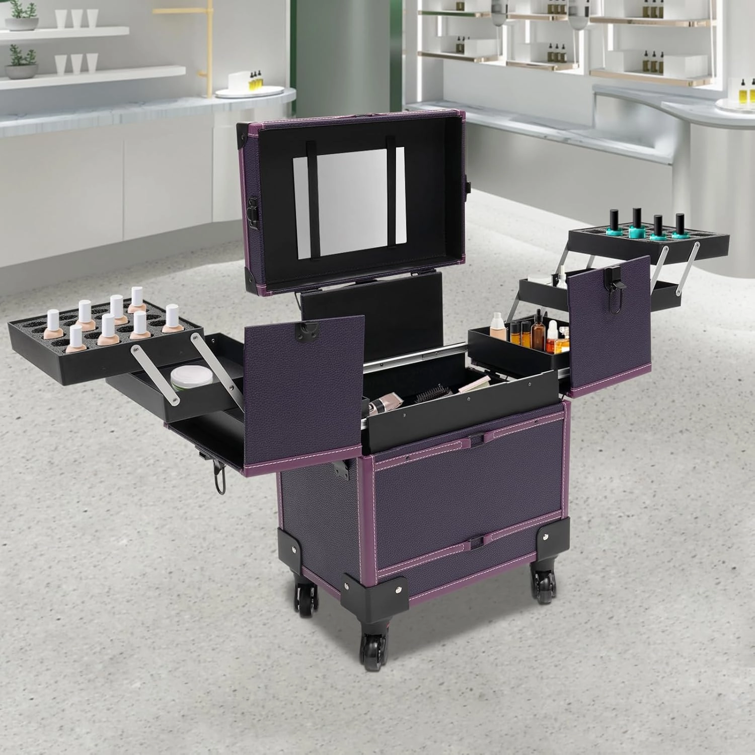 Professional Rolling Makeup Train Case, Multi-Functional Cosmetic Train Case with Mirror & Universal Wheels Lockable Portable Cosmetic Organizer Trolley, Beauty Trolley Cosmetic Organizer Box (Purple)
