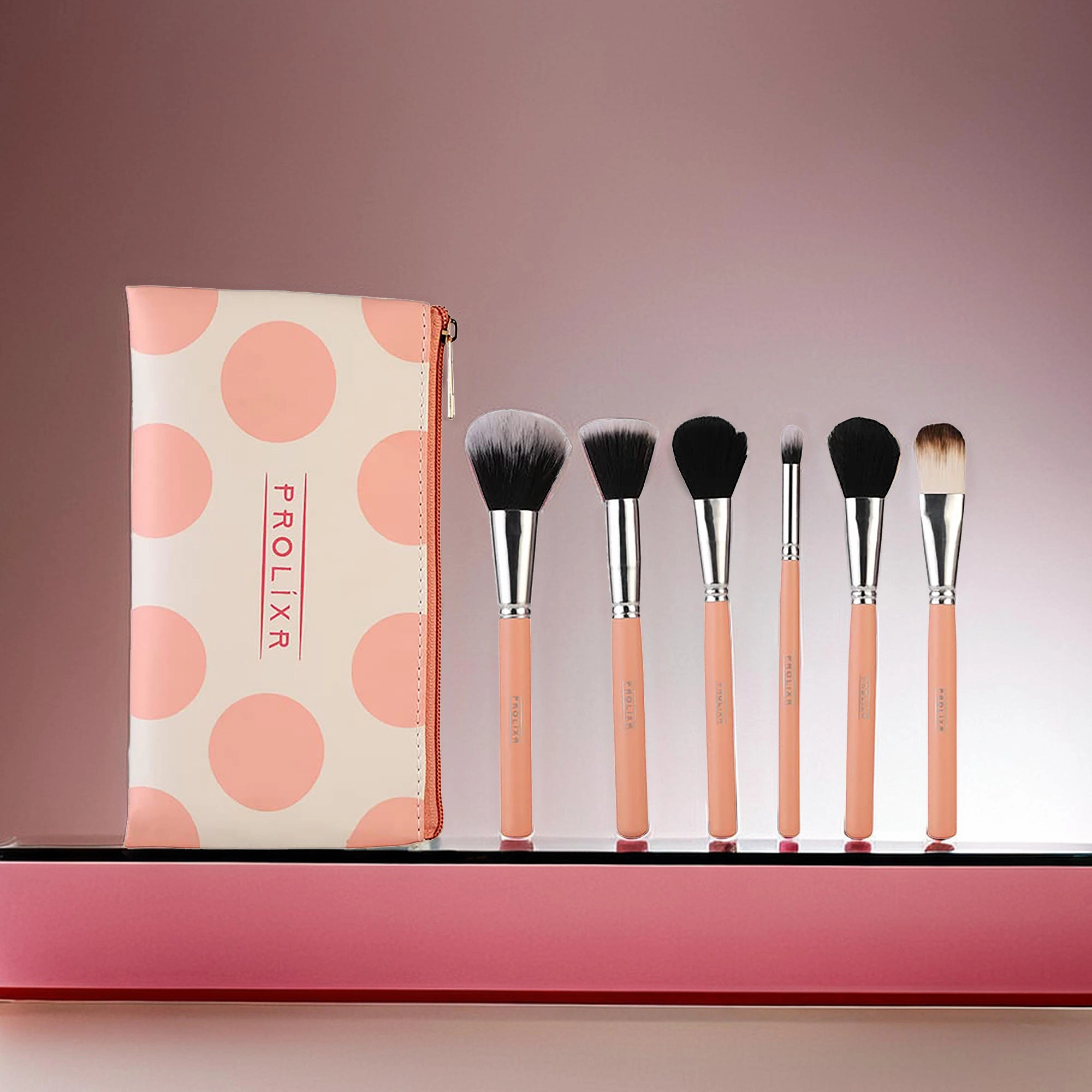 Prolixr Professional Face Makeup Brush Set - With Prolixr's Pink Pouch - For Foundation, Contour, Blush, Concealer - Synthetic Makeup Brushes - Vegan & Cruelty Free - 6 Pieces