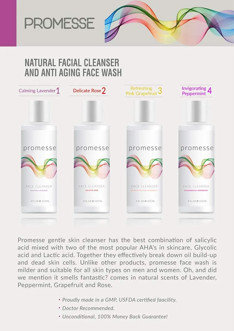 promesse Acne Control Facial Cleanser - Anti-Aging Exfoliating Wash with Glycolic & Salicylic Acid, Rose-Scented, Made in USA, Organic & Natural Ingredients