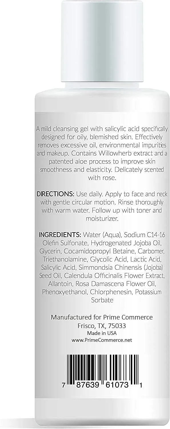 promesse Acne Control Facial Cleanser - Anti-Aging Exfoliating Wash with Glycolic & Salicylic Acid, Rose-Scented, Made in USA, Organic & Natural Ingredients