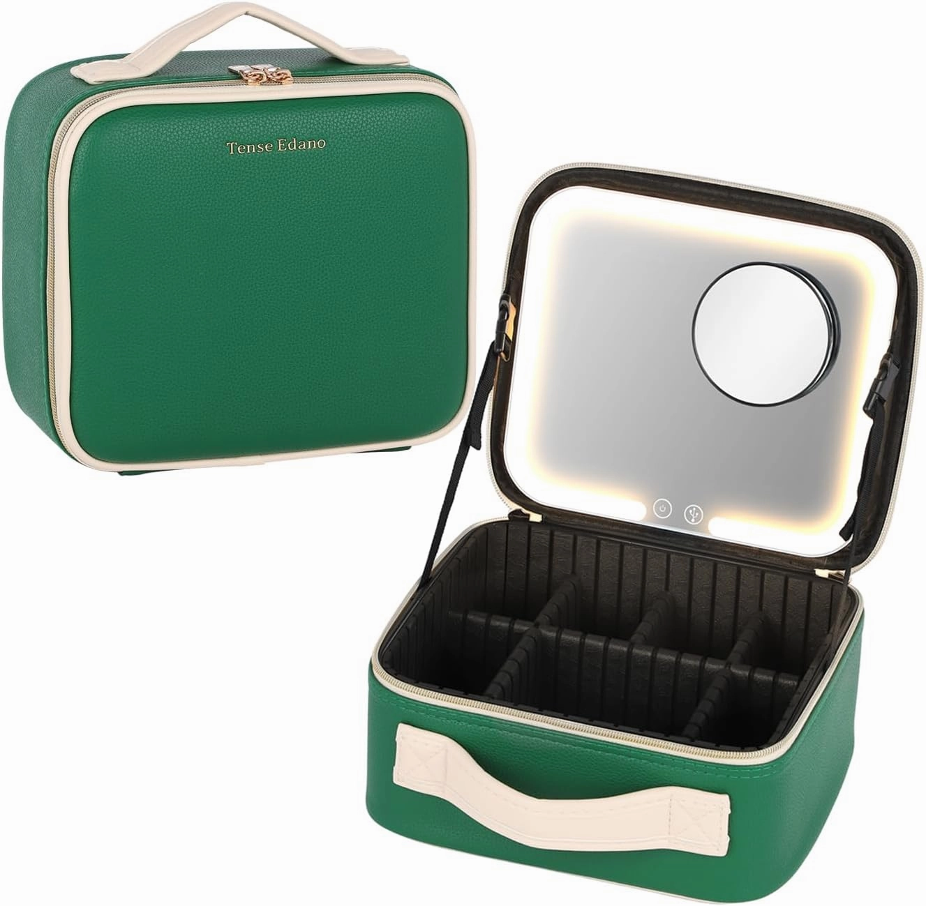 PU Cosmetics Train Case with Removeable LED Lighted Mirror Rechargeable 3 Color Lights Adjustable Brightness Portable Makeup Artist Organizer with Adjustable Dividers (Green)