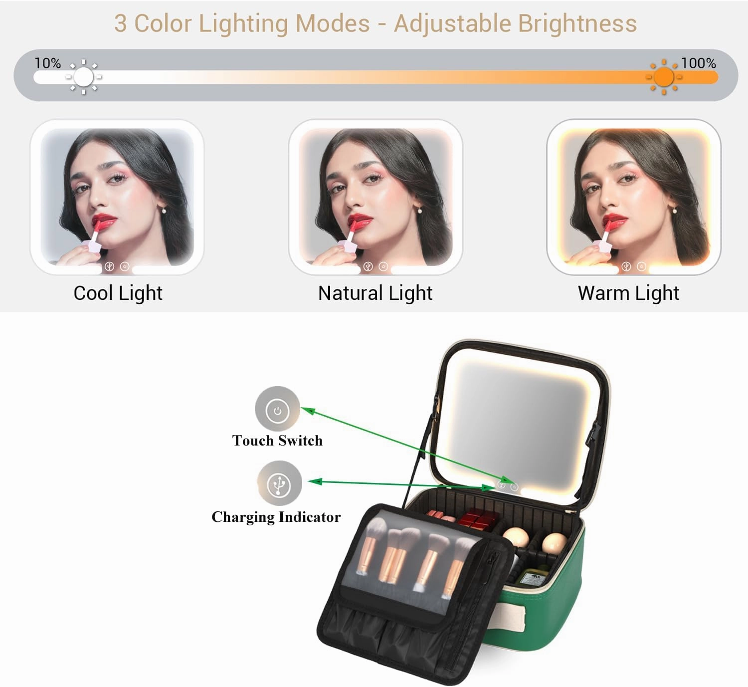 PU Cosmetics Train Case with Removeable LED Lighted Mirror Rechargeable 3 Color Lights Adjustable Brightness Portable Makeup Artist Organizer with Adjustable Dividers (Green)