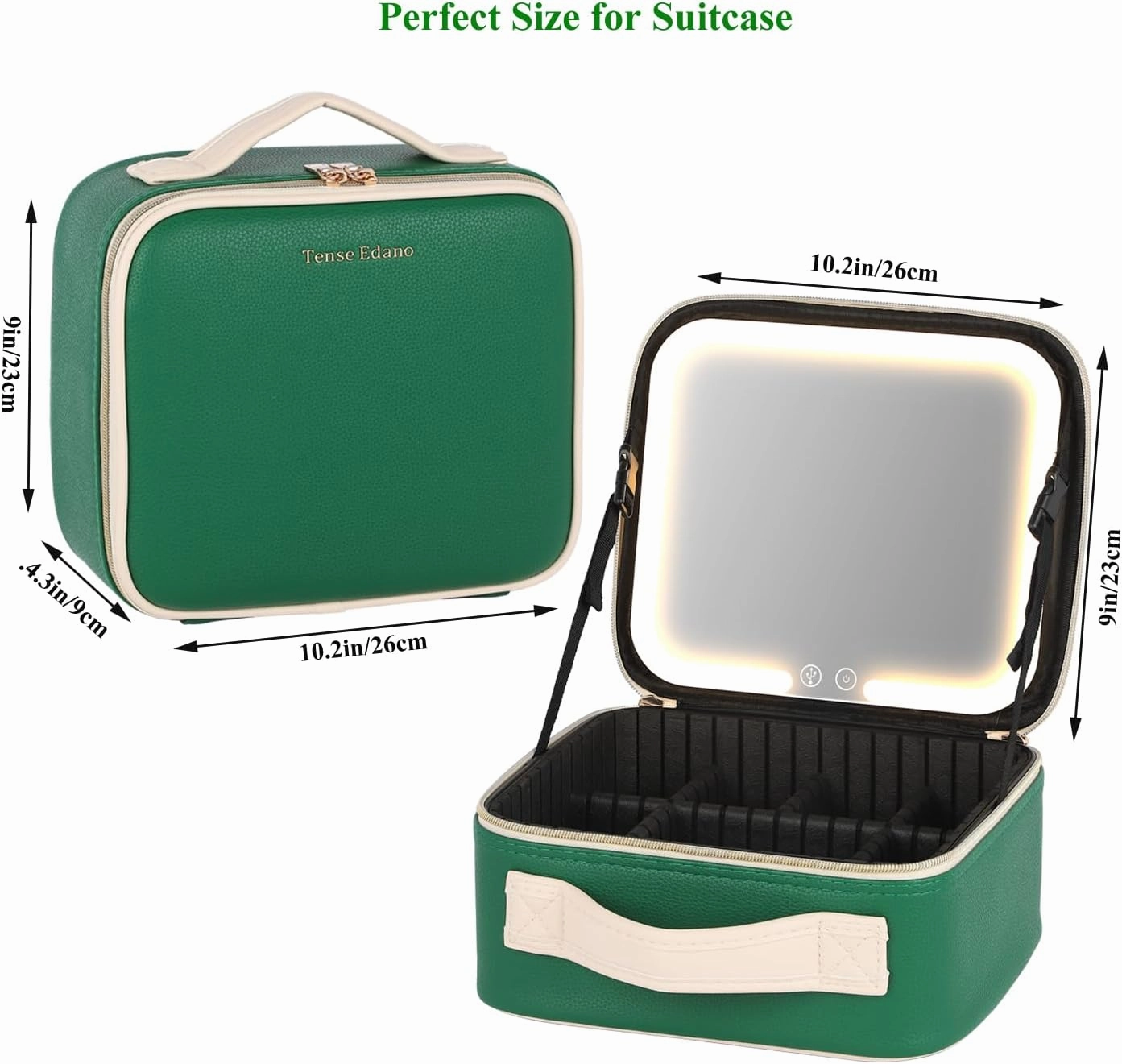 PU Cosmetics Train Case with Removeable LED Lighted Mirror Rechargeable 3 Color Lights Adjustable Brightness Portable Makeup Artist Organizer with Adjustable Dividers (Green)