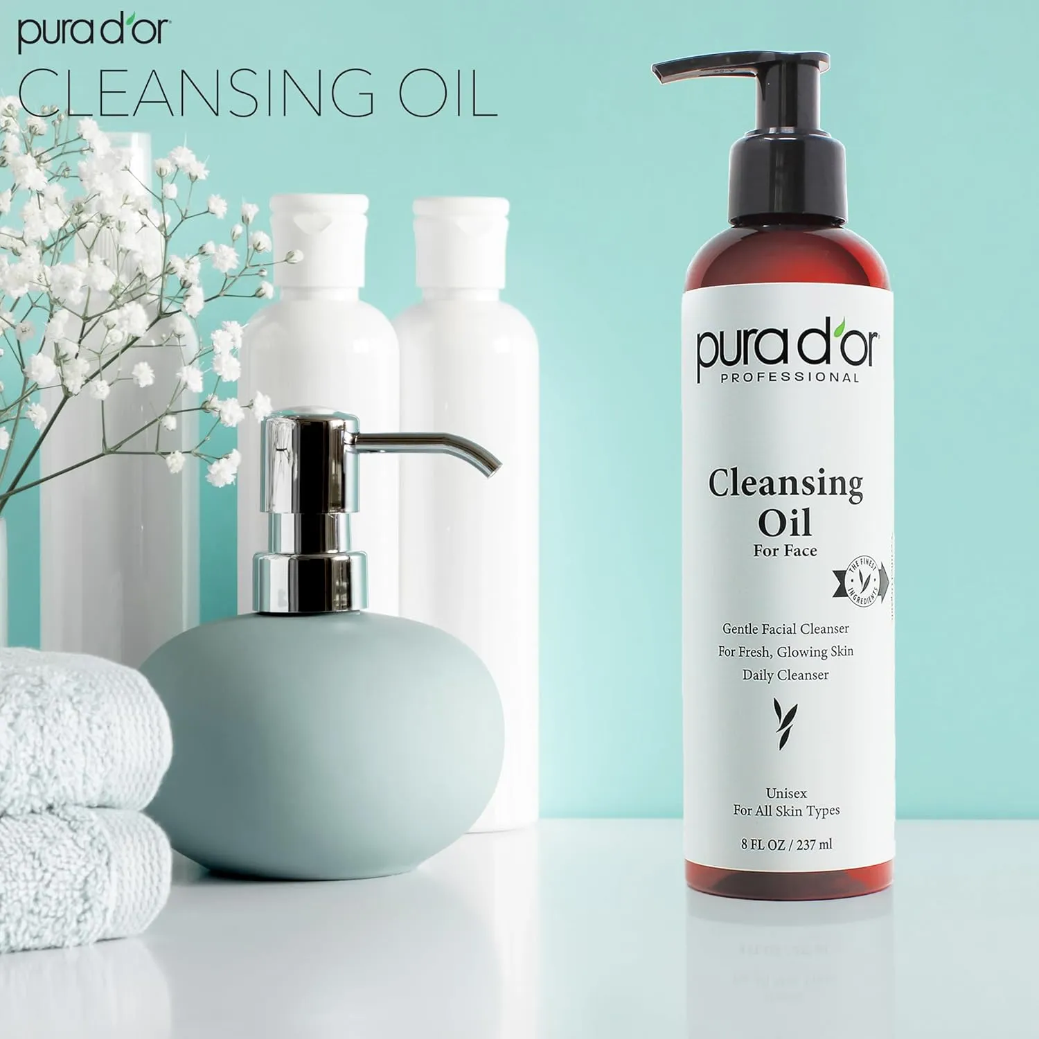 PURA D'OR Facial Cleansing Oil (8 Oz x3 = 24 Oz) Nourishing Botanical Blend with & Vitamin, Jojoba and Sunflower Oil - Gentle Makeup Remover & Deep Cleanser For Healthy, Glowing Skin - Paraben-Free