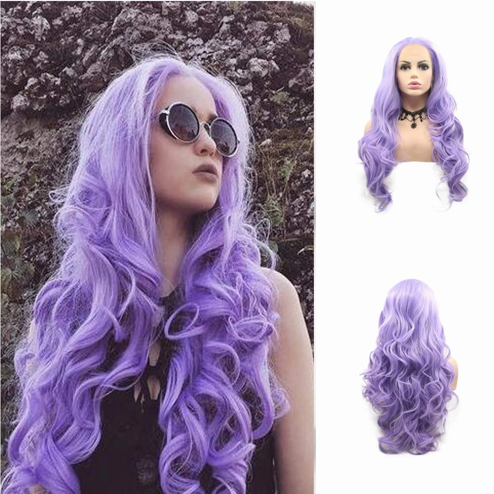 Purple Lace Front Wig Synthetic Long Lavender Purple Body Wavy Free Part Wig Synthetic Heat Resistant Fiber Cosplay Makeup Wigs for Women 24 Inch