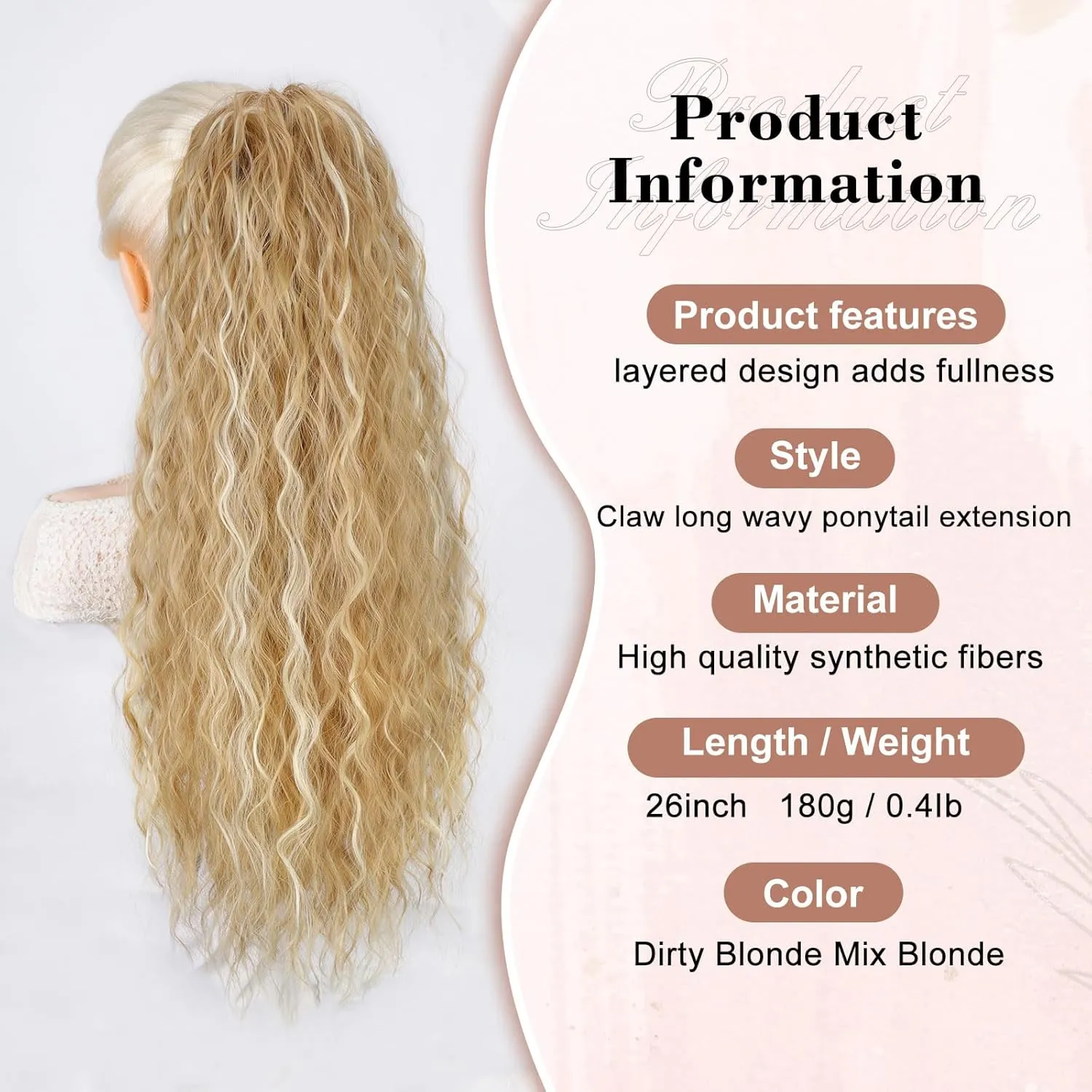 QGZ Claw Clip Ponytail Extension 26 Inch Ponytail Extensions for Women Long Wavy Curly Fluffy Pony Tails Hair Extensions Synthetic Hairpieces for Daily Party Use(Dirty Blonde Mix Blonde)