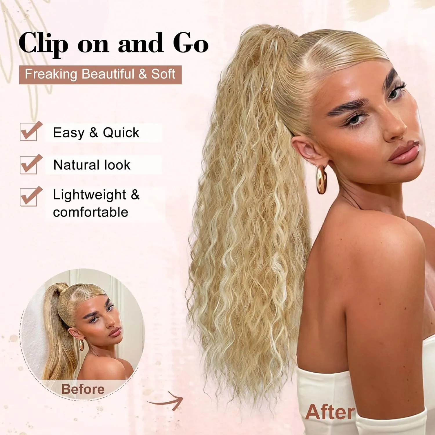 QGZ Claw Clip Ponytail Extension 26 Inch Ponytail Extensions for Women Long Wavy Curly Fluffy Pony Tails Hair Extensions Synthetic Hairpieces for Daily Party Use(Dirty Blonde Mix Blonde)
