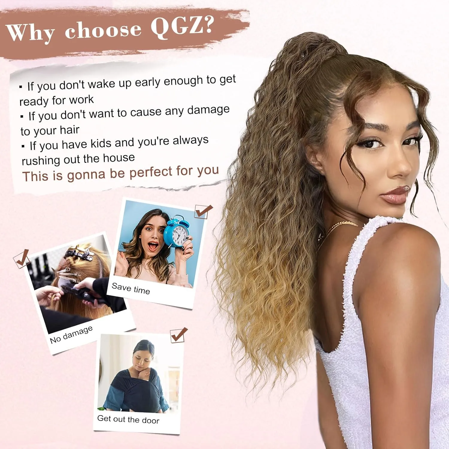QGZ Claw Clip Ponytail Extension 26 Inch Ponytail Extensions for Women Long Wavy Curly Fluffy Pony Tails Hair Extensions Synthetic Hairpieces for Daily Party Use(Ombre Brown Mix Blonde)