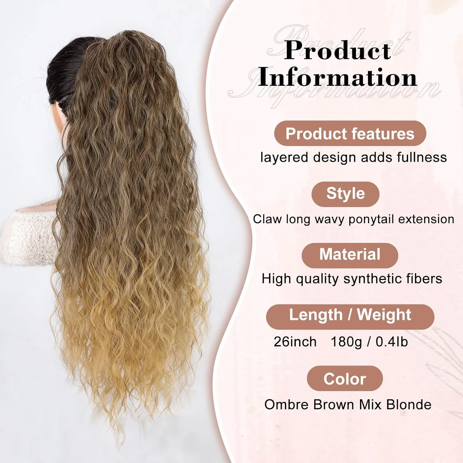 QGZ Claw Clip Ponytail Extension 26 Inch Ponytail Extensions for Women Long Wavy Curly Fluffy Pony Tails Hair Extensions Synthetic Hairpieces for Daily Party Use(Ombre Brown Mix Blonde)