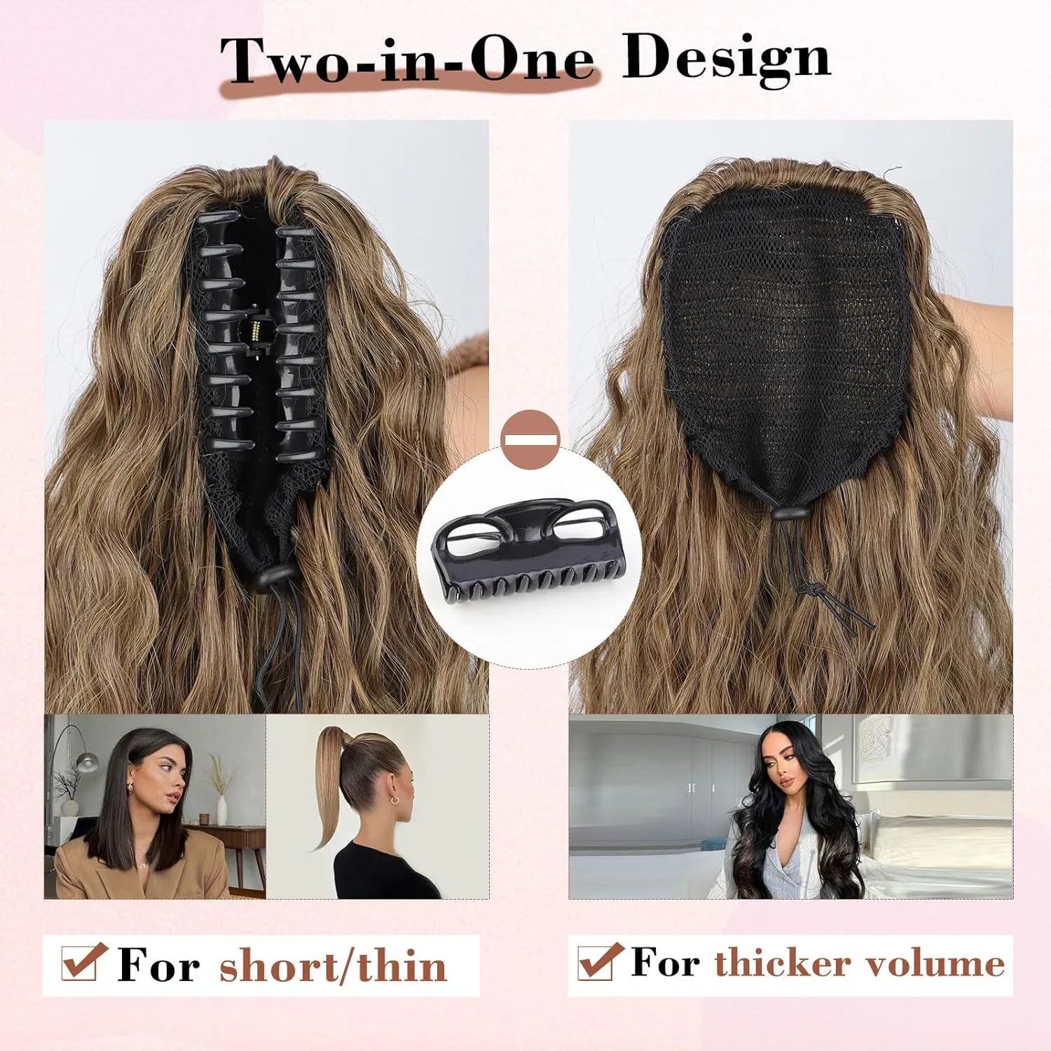 QGZ Claw Clip Ponytail Extension 26 Inch Ponytail Extensions for Women Long Wavy Curly Fluffy Pony Tails Hair Extensions Synthetic Hairpieces for Daily Party Use(Ombre Brown Mix Blonde)