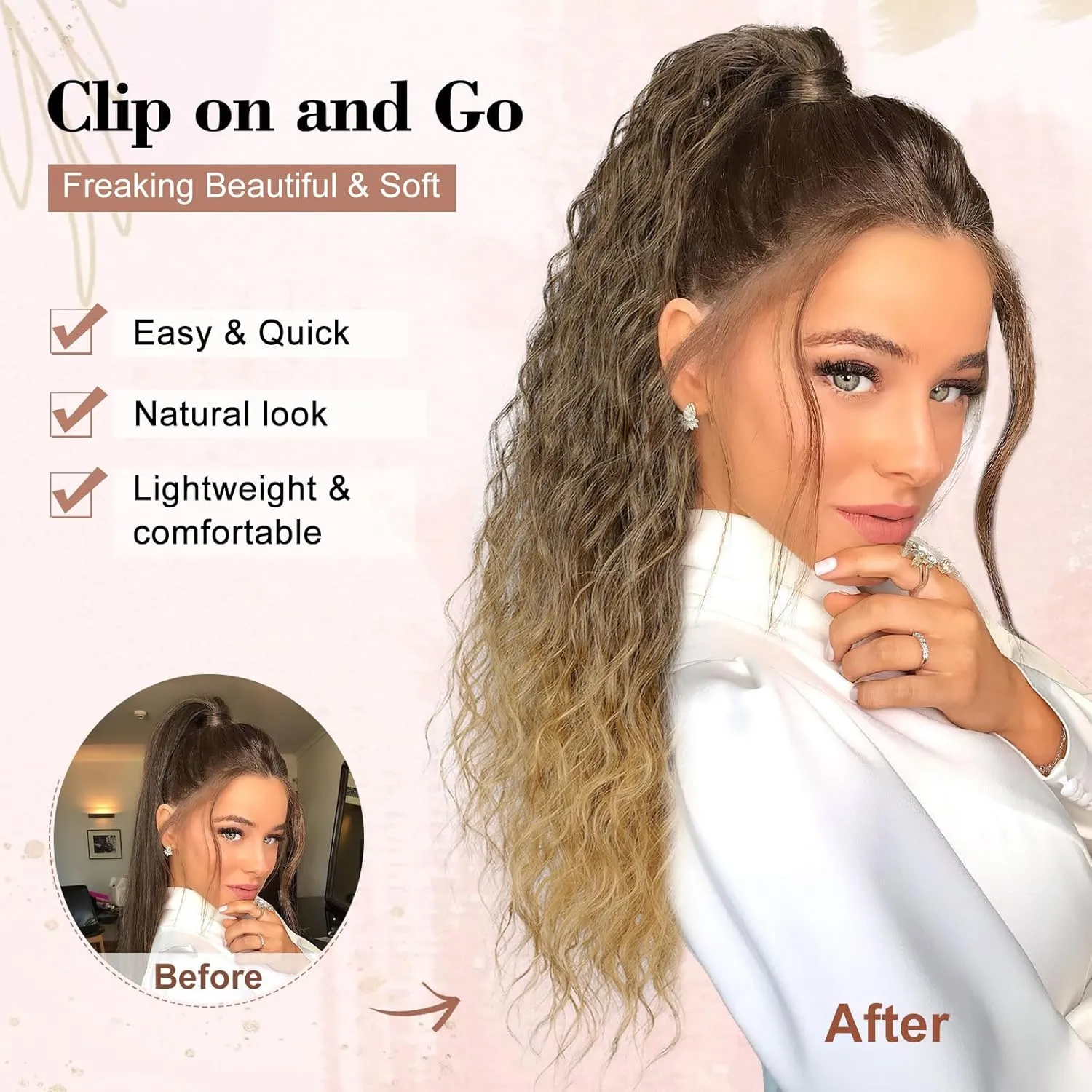 QGZ Claw Clip Ponytail Extension 26 Inch Ponytail Extensions for Women Long Wavy Curly Fluffy Pony Tails Hair Extensions Synthetic Hairpieces for Daily Party Use(Ombre Brown Mix Blonde)