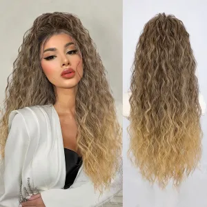QGZ Claw Clip Ponytail Extension 26 Inch Ponytail Extensions for Women Long Wavy Curly Fluffy Pony Tails Hair Extensions Synthetic Hairpieces for Daily Party Use(Ombre Brown Mix Blonde)