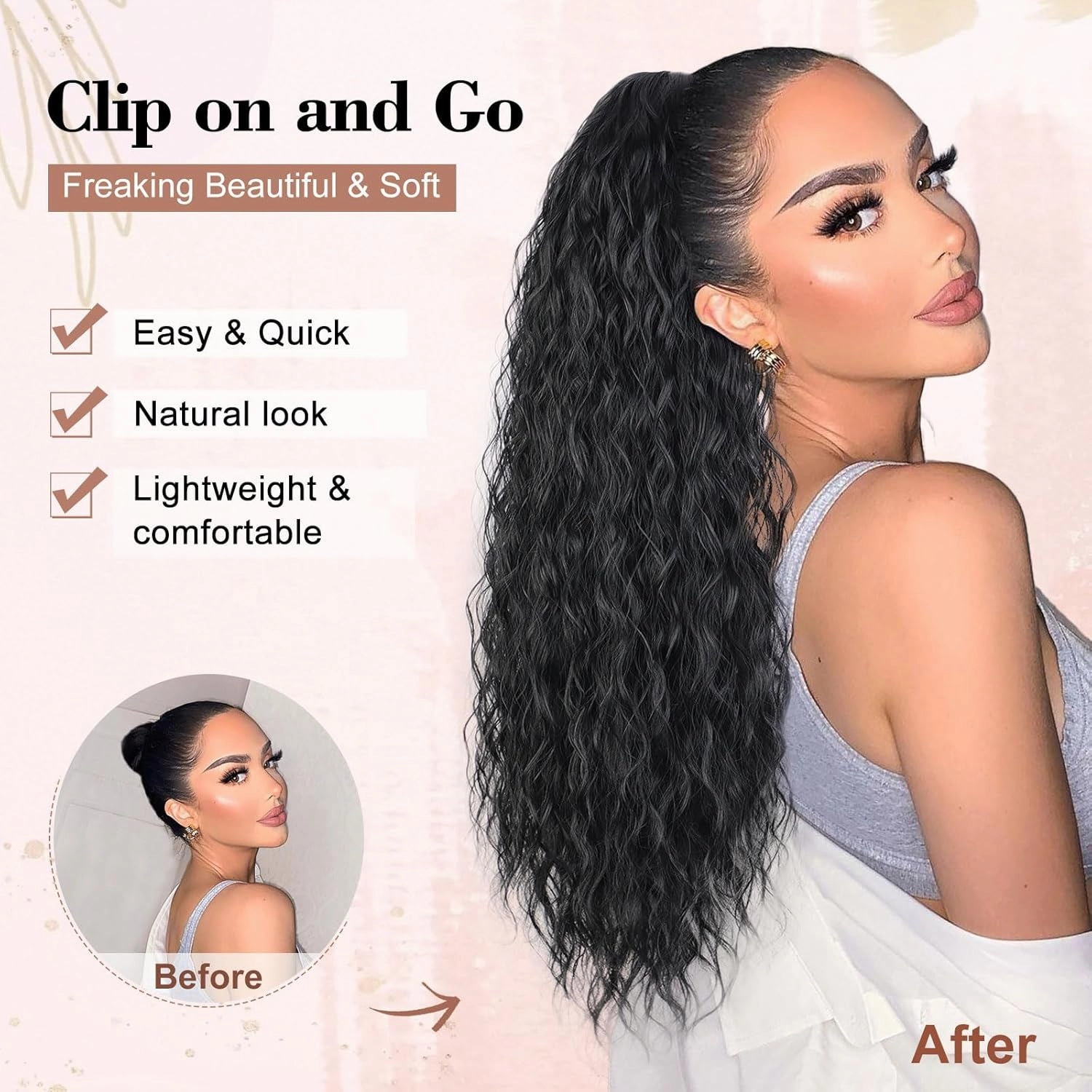 QGZ Claw Clip Ponytail Extension 26 inch Claw Clip in Ponytail Extensions for Women Long Wavy Curly Fluffy Pony Tails Hair Extensions Synthetic Hairpieces for Daily Party Use(Black)