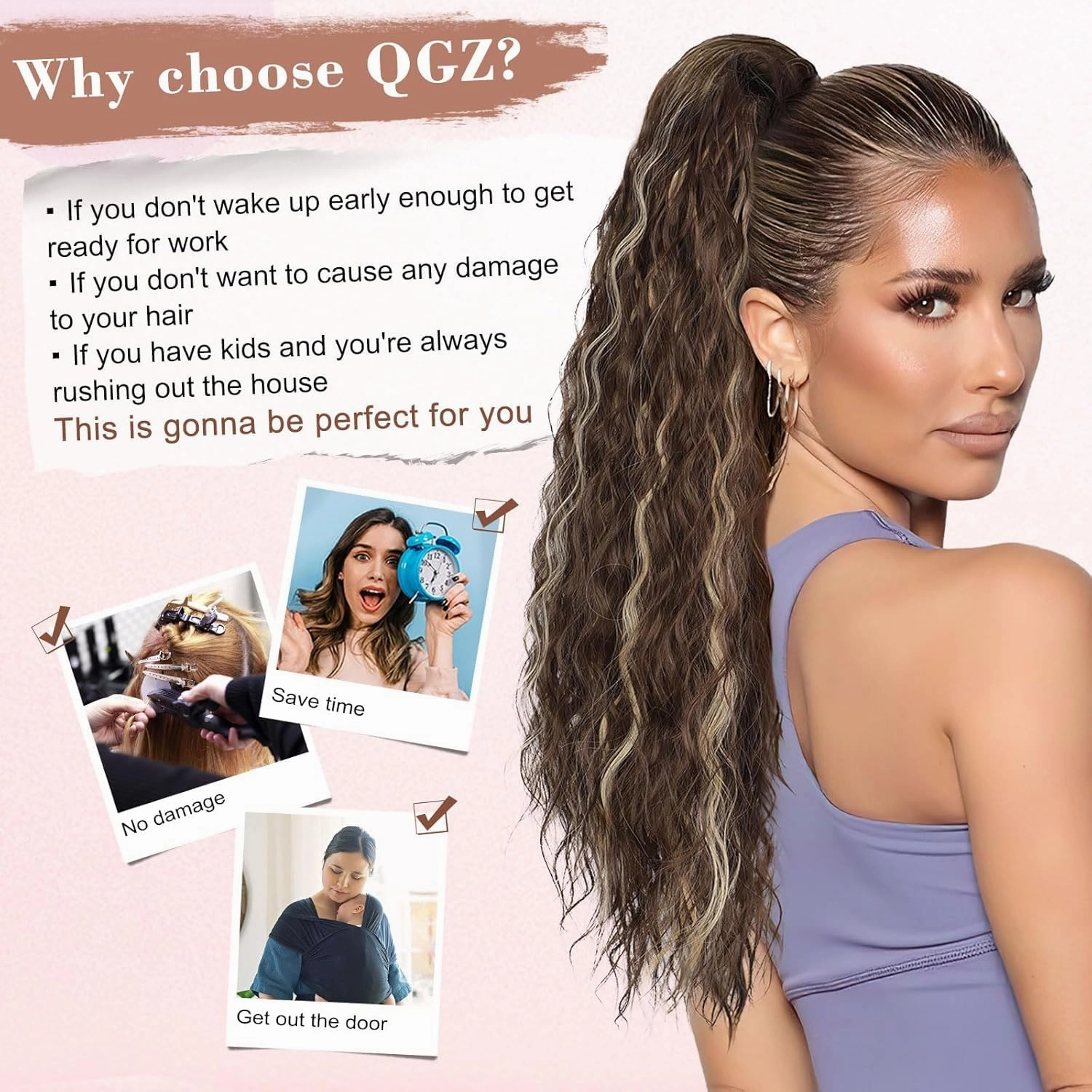 QGZ Claw Clip Ponytail Extension 26 inch Claw Clip in Ponytail Extensions for Women Long Wavy Curly Fluffy Pony Tails Hair Extensions Synthetic Hairpieces for Daily Party Use(Black)