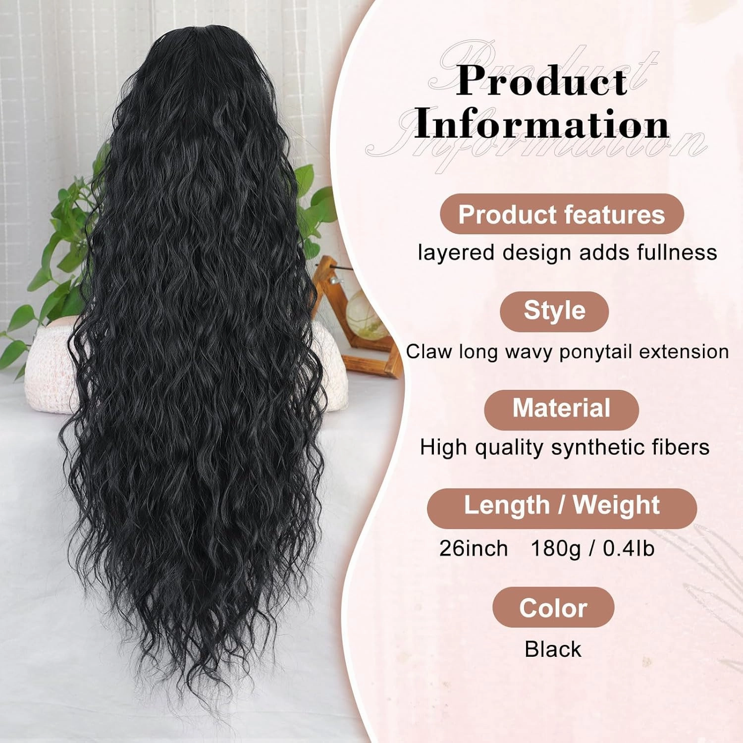 QGZ Claw Clip Ponytail Extension 26 inch Claw Clip in Ponytail Extensions for Women Long Wavy Curly Fluffy Pony Tails Hair Extensions Synthetic Hairpieces for Daily Party Use(Black)