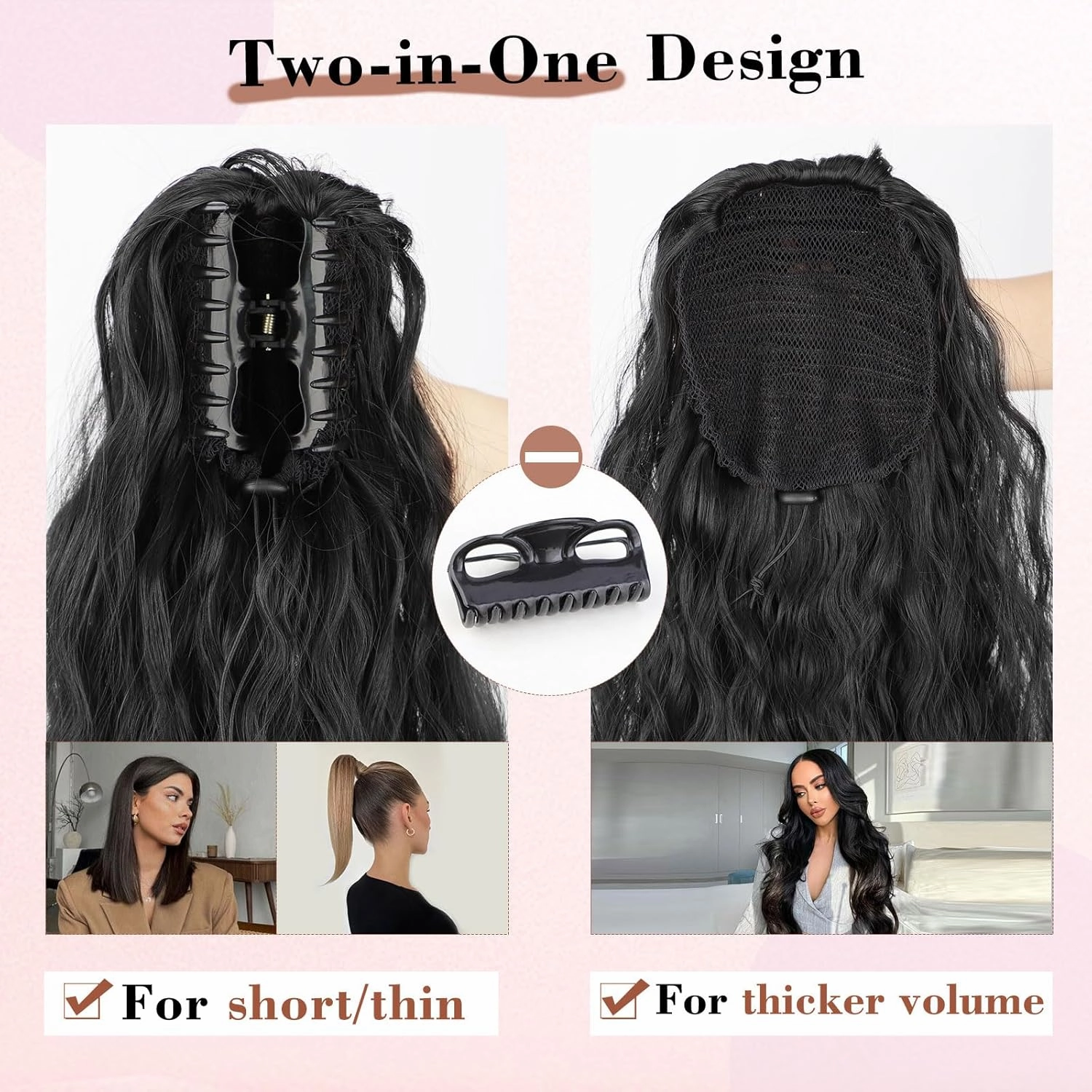 QGZ Claw Clip Ponytail Extension 26 inch Claw Clip in Ponytail Extensions for Women Long Wavy Curly Fluffy Pony Tails Hair Extensions Synthetic Hairpieces for Daily Party Use(Black)
