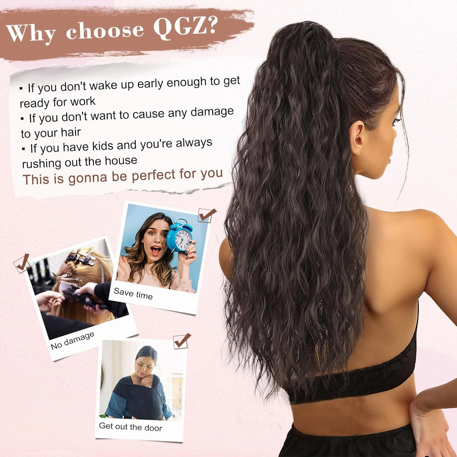 QGZ Dark Brown Ponytail Extension 26 Inch Claw Clip Ponytail Extensions Long Wavy Curly Fluffy Pony Tails Hair Extensions Synthetic Hairpieces for Women