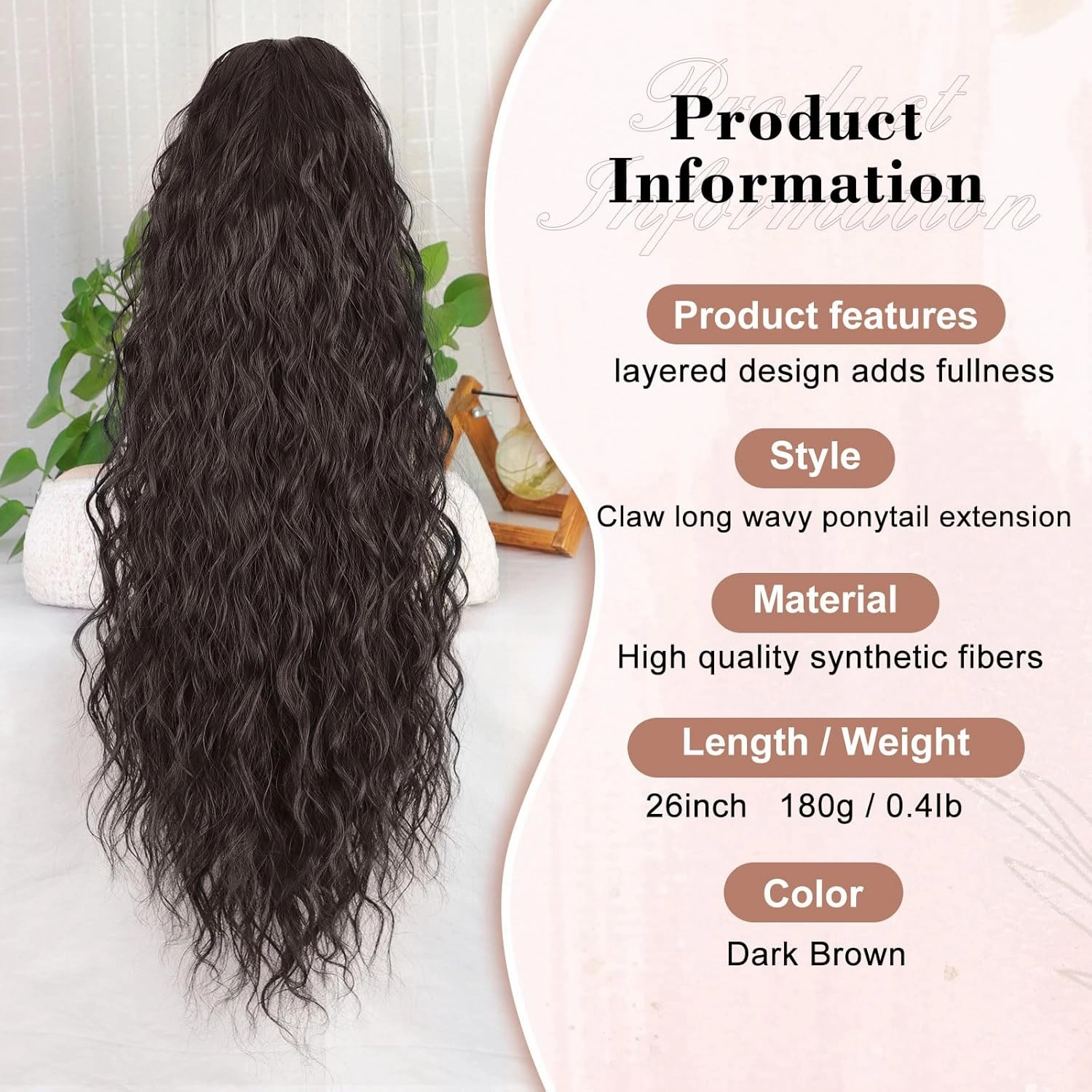 QGZ Dark Brown Ponytail Extension 26 Inch Claw Clip Ponytail Extensions Long Wavy Curly Fluffy Pony Tails Hair Extensions Synthetic Hairpieces for Women